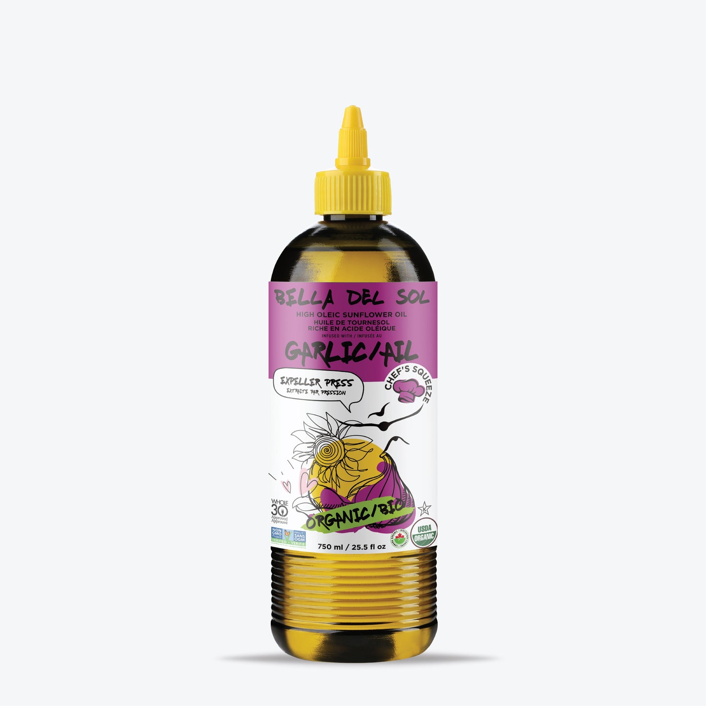 Bella Del Sol Garlic High Oleic Sunflower Oil 750ml – Organic Cold-Pressed Expeller-Pressed Non-GMO Vegan Cooking Oil in Chef’s Squeeze Bottle – Huile de tournesol biologique à l’ail 750ml, riche en acide oléique, pression à froid, pressée mécaniquement – Idéale pour la cuisson, les salades et les marinades – Disponible sur terradelyssa.ca