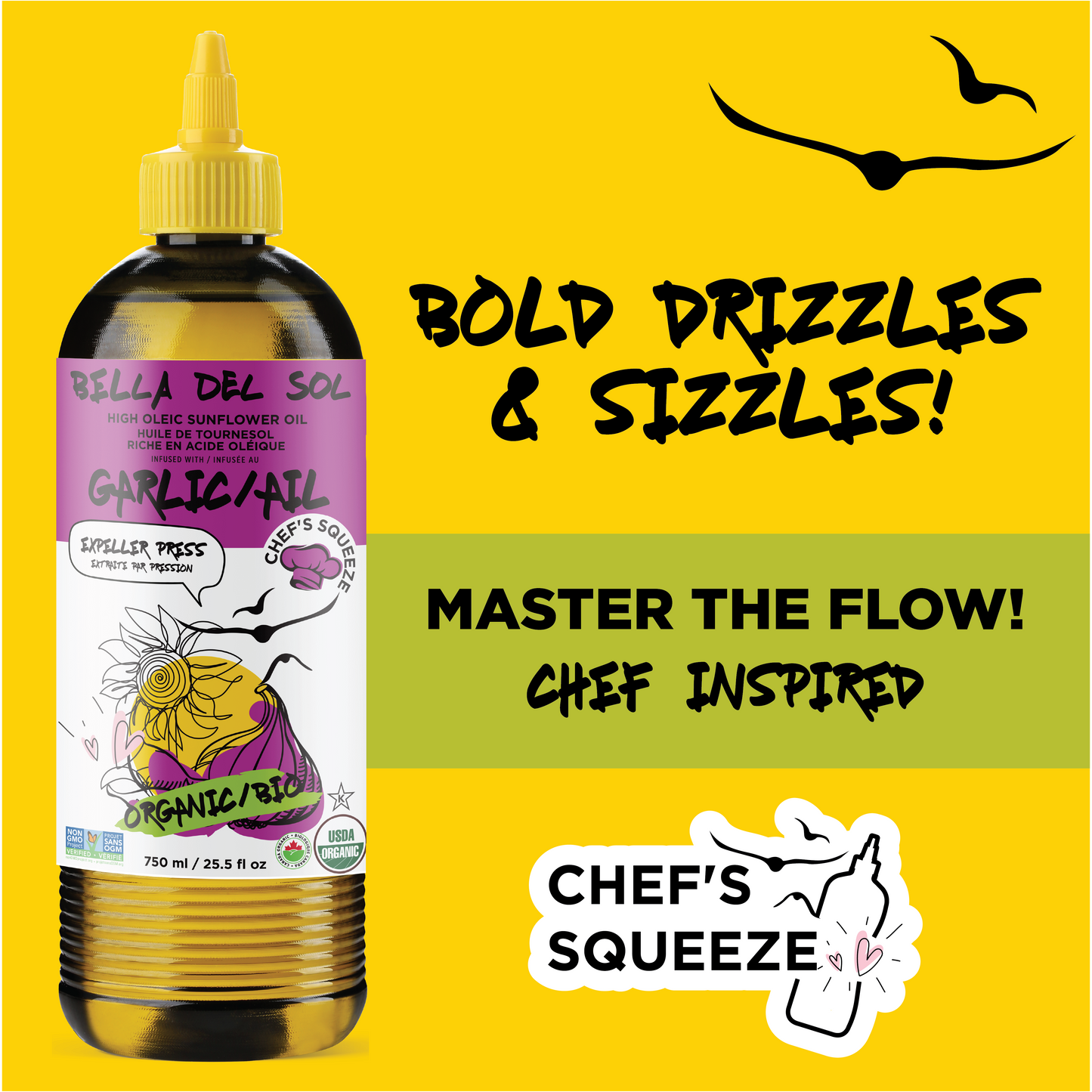 
                  
                    A bottle of Bella Del Sol Garlic/All organic sunflower oil with a yellow cap and a purple label, shown on a bright yellow background with promotional text and the Chef's Squeeze logo.
                  
                