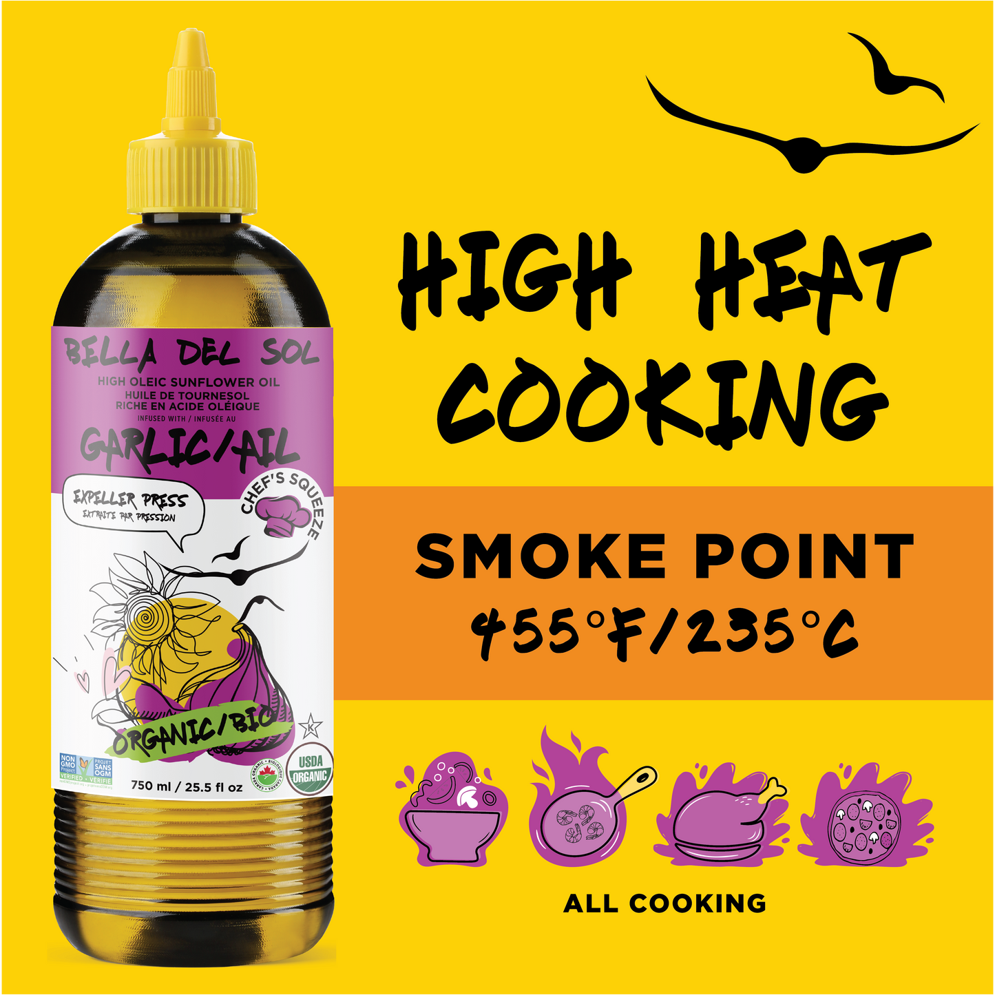
                  
                    A bottle of Bella Del Sol Organic Garlic/All high-heat sunflower oil with a purple label and yellow cap, set against a bright yellow background with text highlighting its smoke point of 455°F / 235°C and cooking icons.
                  
                