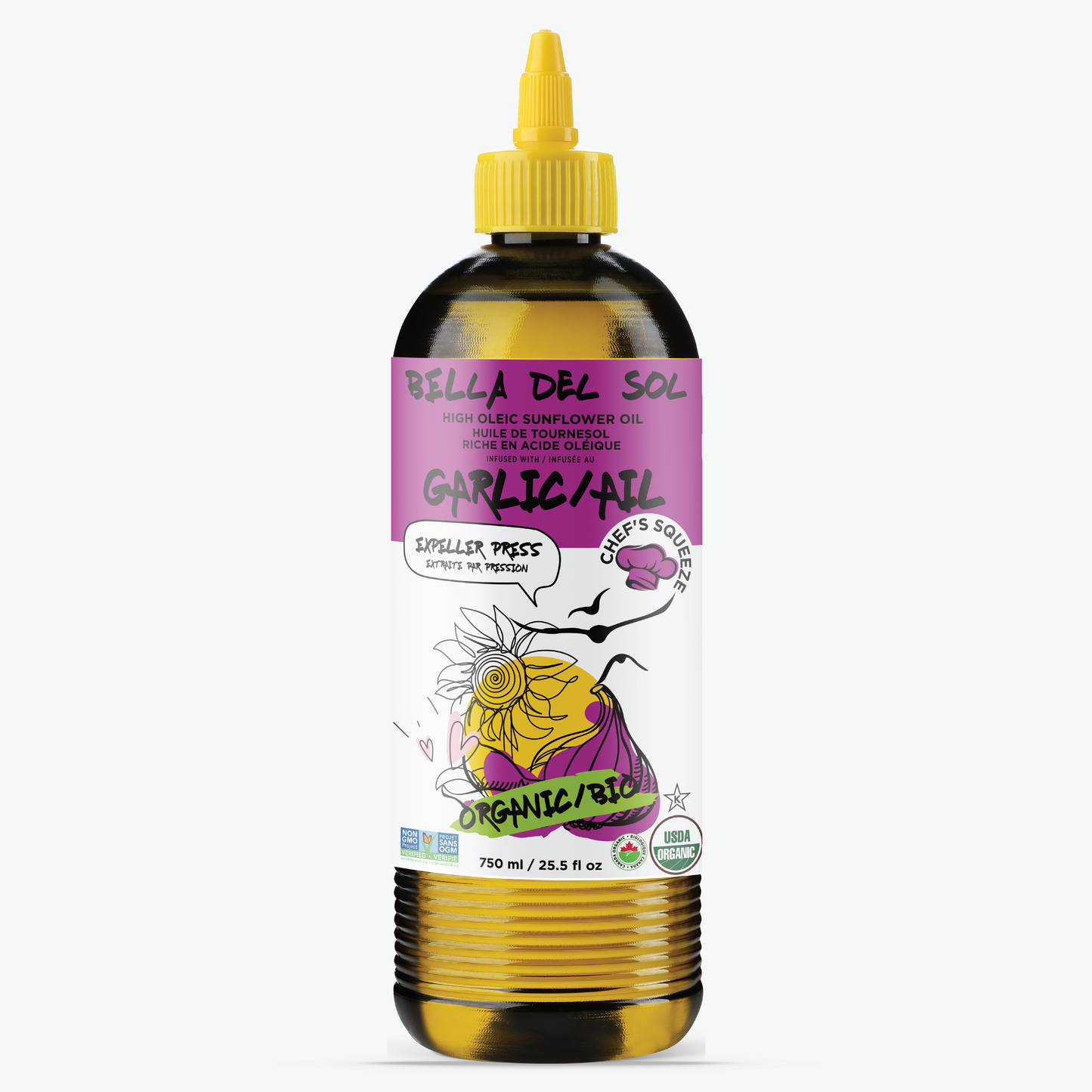 
                  
                    A 750 ml squeeze bottle of Bella Del Sol Organic Garlic Macerated Sunflower Oil, featuring a purple and white label with a cartoon illustration of a garlic bulb and a purple onion, topped with a yellow cap.
                  
                