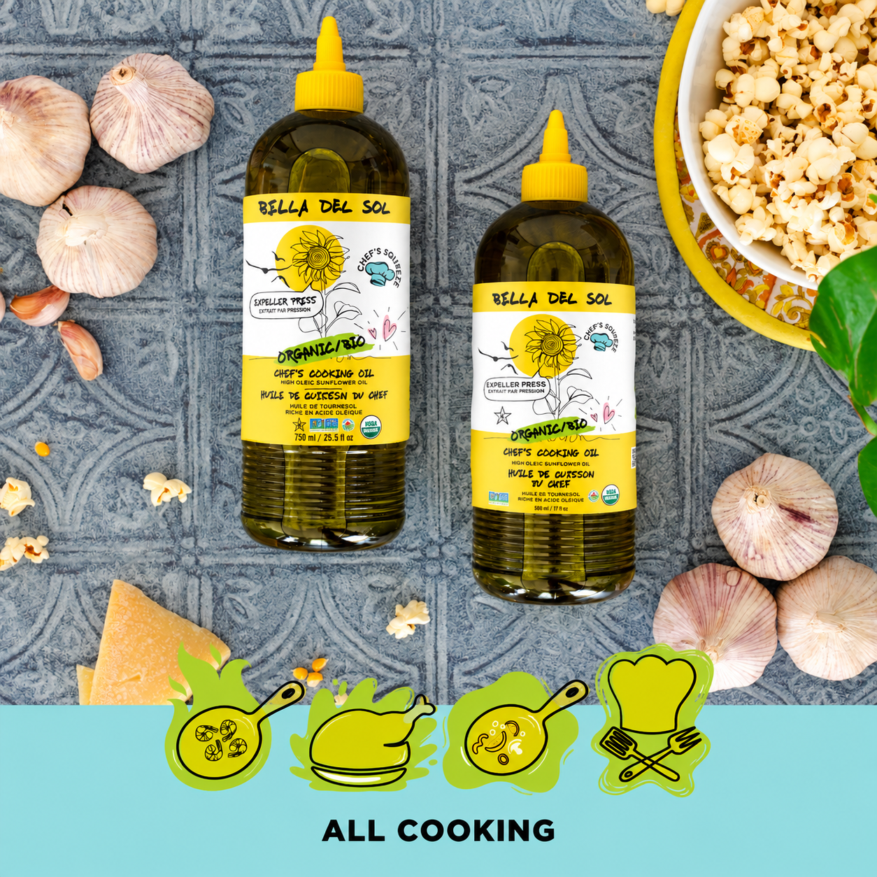 
                  
                    Two bottles of Bella D'Or Sol Organic Flavored Cooking Oil displayed on a textured gray tile background with garlic, cheese, and popcorn props, plus green cooking-themed icons and the text 'ALL COOKING' at the bottom.
                  
                