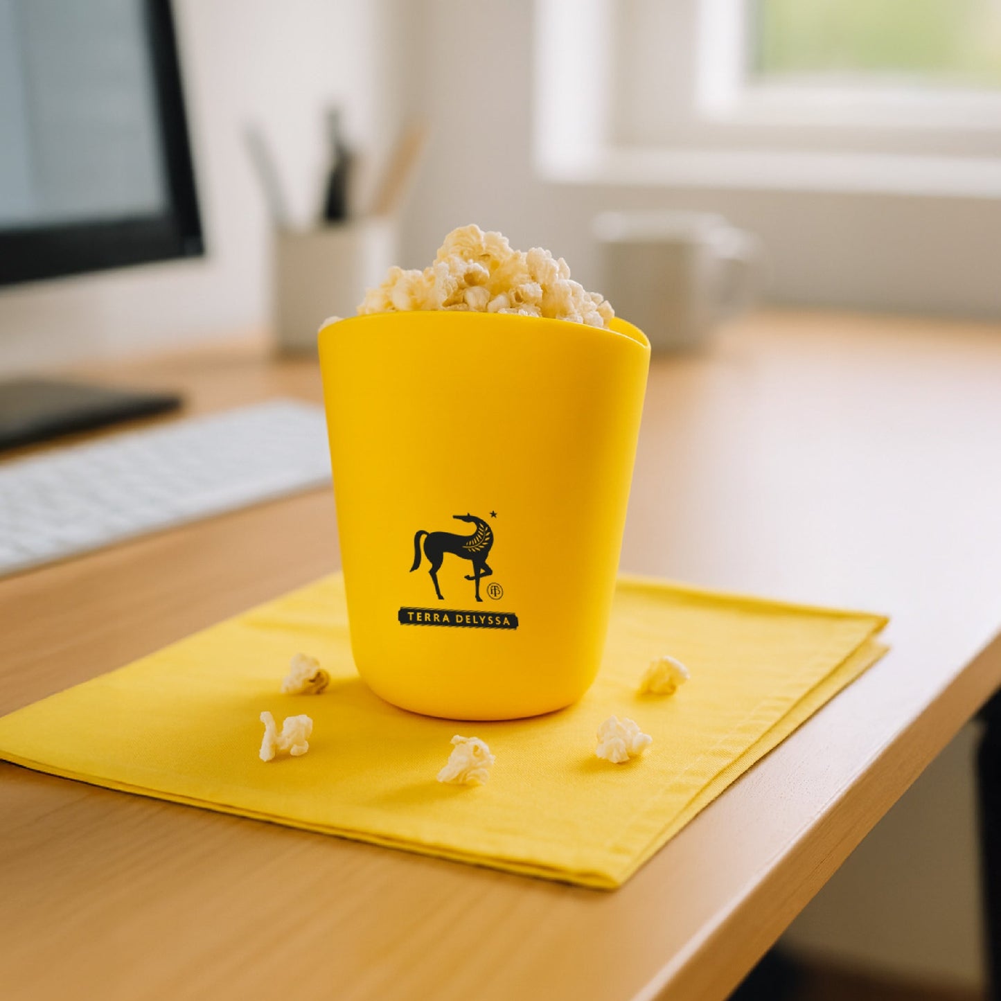 Yellow single-serve silicone popcorn popper with Terra Delyssa's signature horse logo, designed for quick and healthy microwave popcorn.