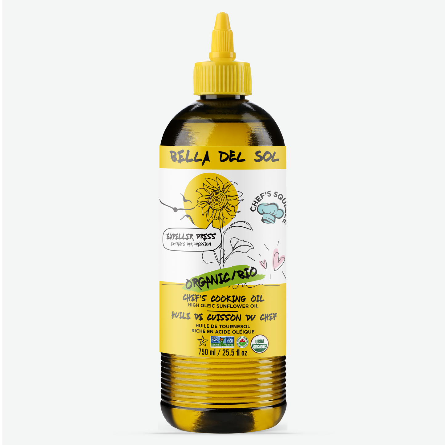
                  
                    A bottle of Bella Del Sol organic cooking oil with a yellow cap and a white and yellow label featuring a sunflower illustration, shown on a light gray background.
                  
                