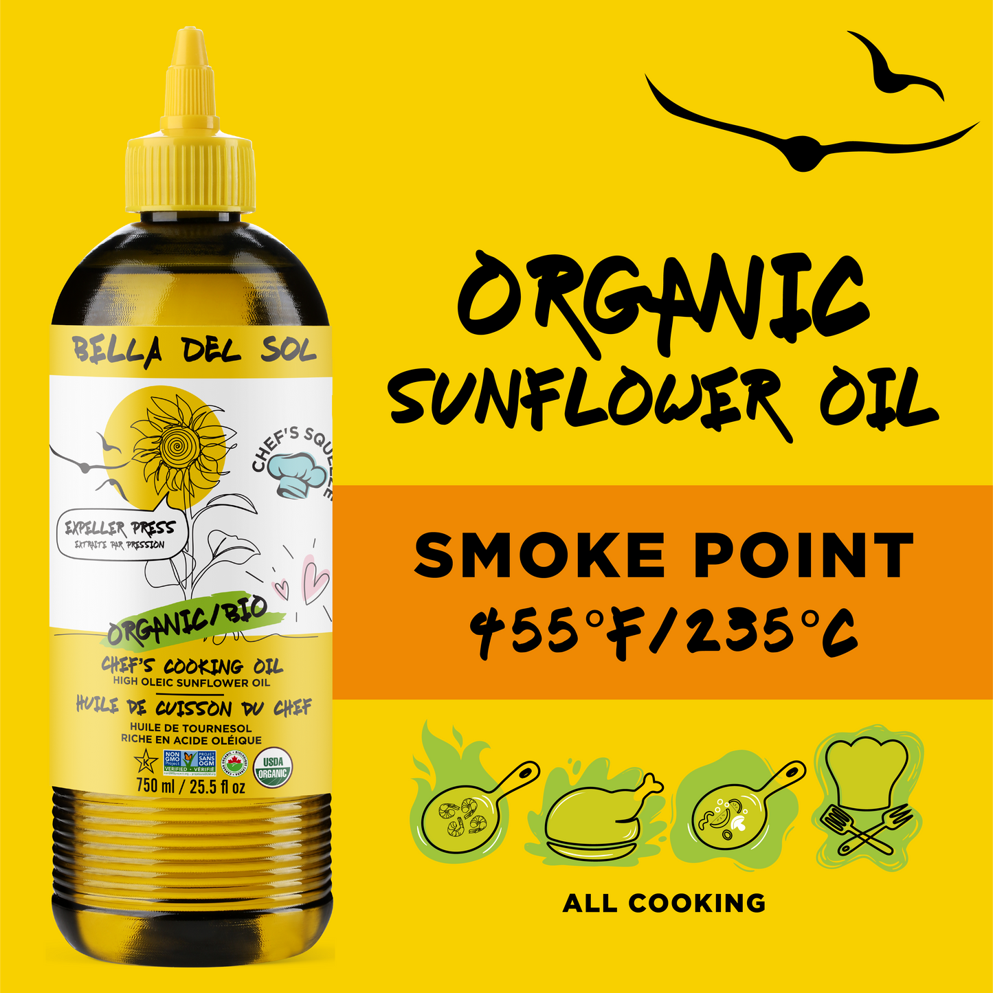
                  
                    A bottle of Bella Del Sol Organic Sunflower Oil with a yellow cap and label, set against a bright yellow background with text highlighting its smoke point of 455°F (235°C) and cooking uses.
                  
                