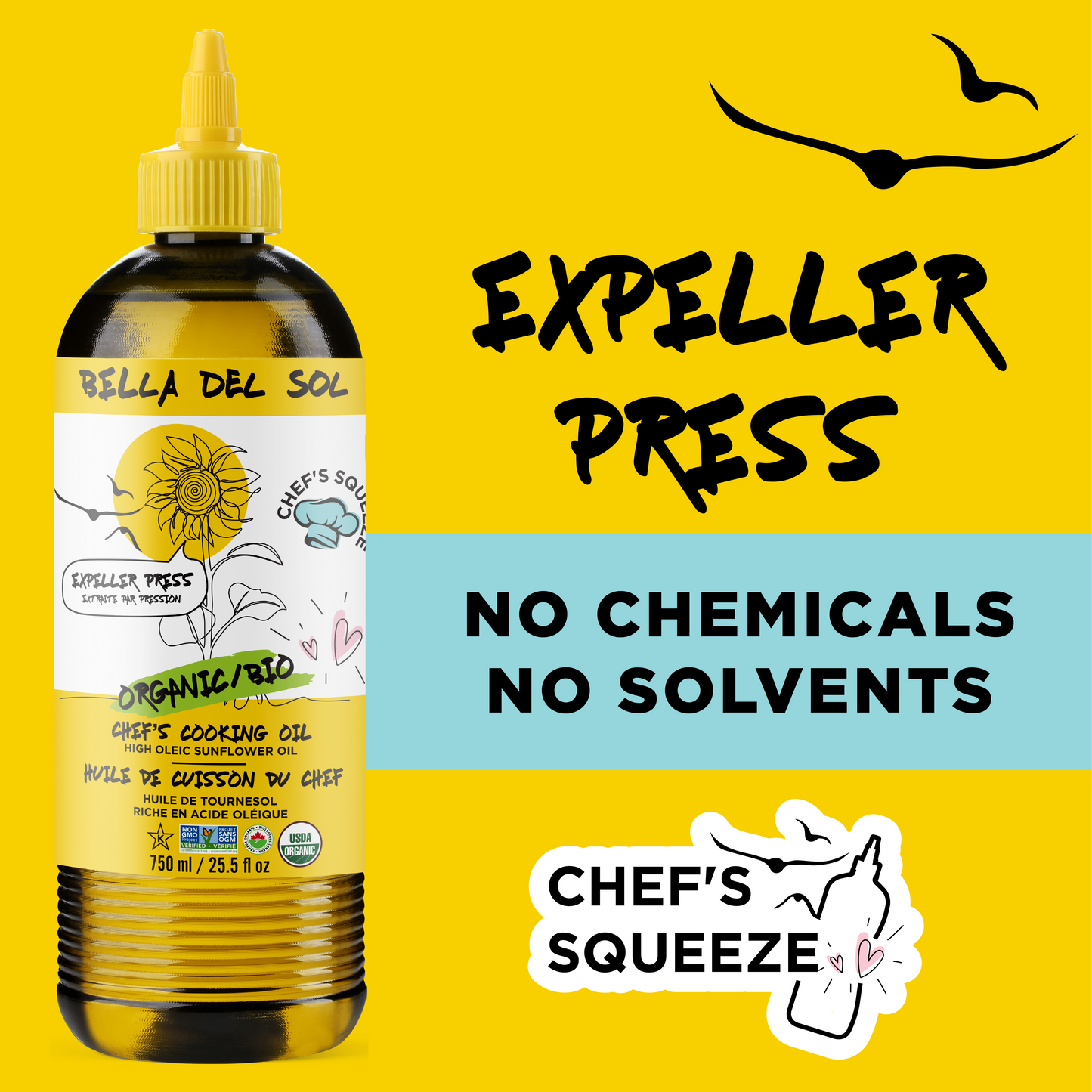 
                  
                    A squeeze bottle of Bella Del Sol Chef's Cooking Oil with a yellow cap and label, set against a bright yellow background with text reading 'EXPELLER PRESS', 'NO CHEMICALS NO SOLVENTS', and the 'Chef's Squeeze' logo.
                  
                