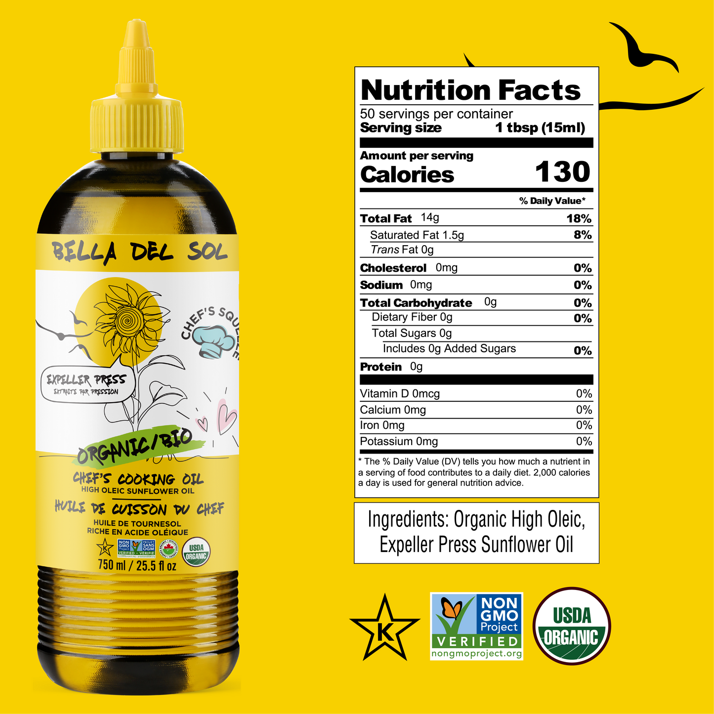 
                  
                    A bottle of Bella Del Sol Chef's Cooking Oil next to a Nutrition Facts label on a bright yellow background. The bottle is amber brown with a yellow cap and label featuring a sunflower illustration.
                  
                