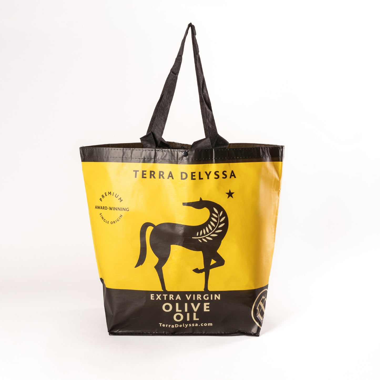Yellow Terra Delyssa reusable shopping bag featuring the traditional horse logo and branding, designed for eco-friendly grocery shopping and everyday use.