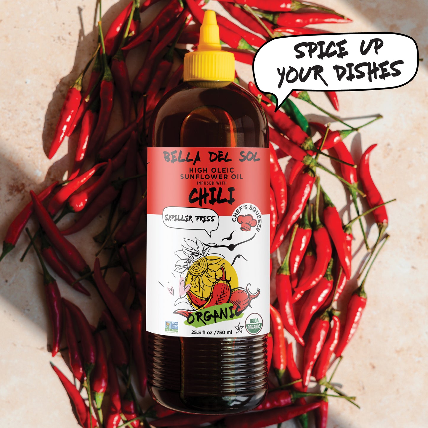 
                  
                    Bella Del Sol chili organic sunflower oil with red chili peppers – chef’s squeeze bottle on kitchen counter – huile de tournesol bio au piment avec piments rouges
                  
                