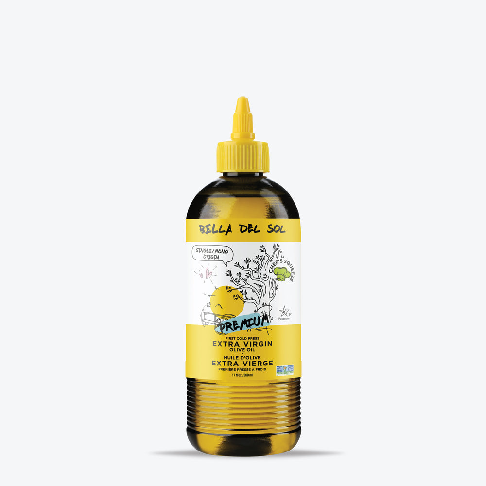Bella Del Sol Premium Extra Virgin Olive Oil in a 750ml chef-style squeeze bottle, made from 100% Tunisian cold-pressed olives