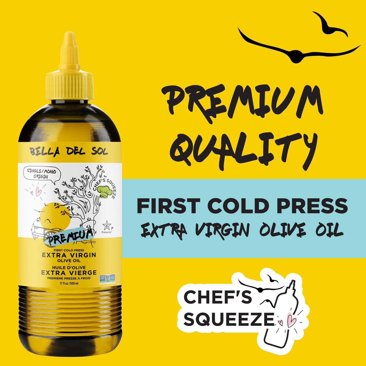 
                  
                    Bella Del Sol Extra Virgin Olive Oil in a chef squeeze bottle with text “Premium Quality” and “First Cold Press” on yellow and blue background – professional cooking product feature
                  
                