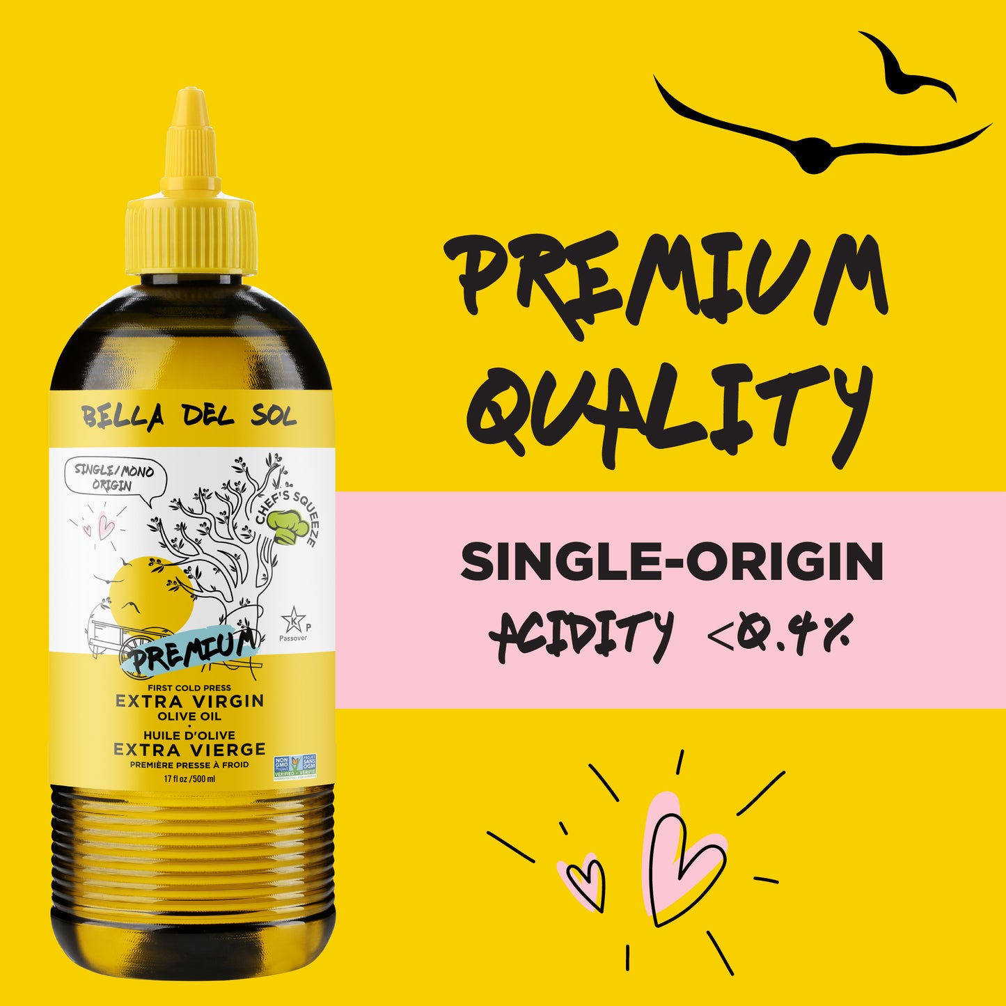 
                  
                    Bella Del Sol Extra Virgin Olive Oil bottle with “Premium Quality,” “Single-Origin,” and “Acidity <0.4%” text on yellow and pink background – highlighting product purity
                  
                