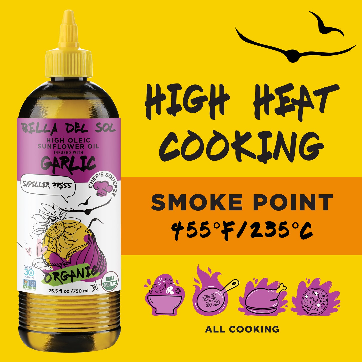 
                  
                    Bella Del Sol Organic Garlic Sunflower Oil 750ml – High Smoke Point 455°F / 235°C – Ideal for High-Heat Cooking, Frying, Roasting – Huile de tournesol biologique à l’ail Bella Del Sol 750ml – Point de fumée élevé 235°C – Parfaite pour toutes les cuissons – terradelyssa.ca
                  
                