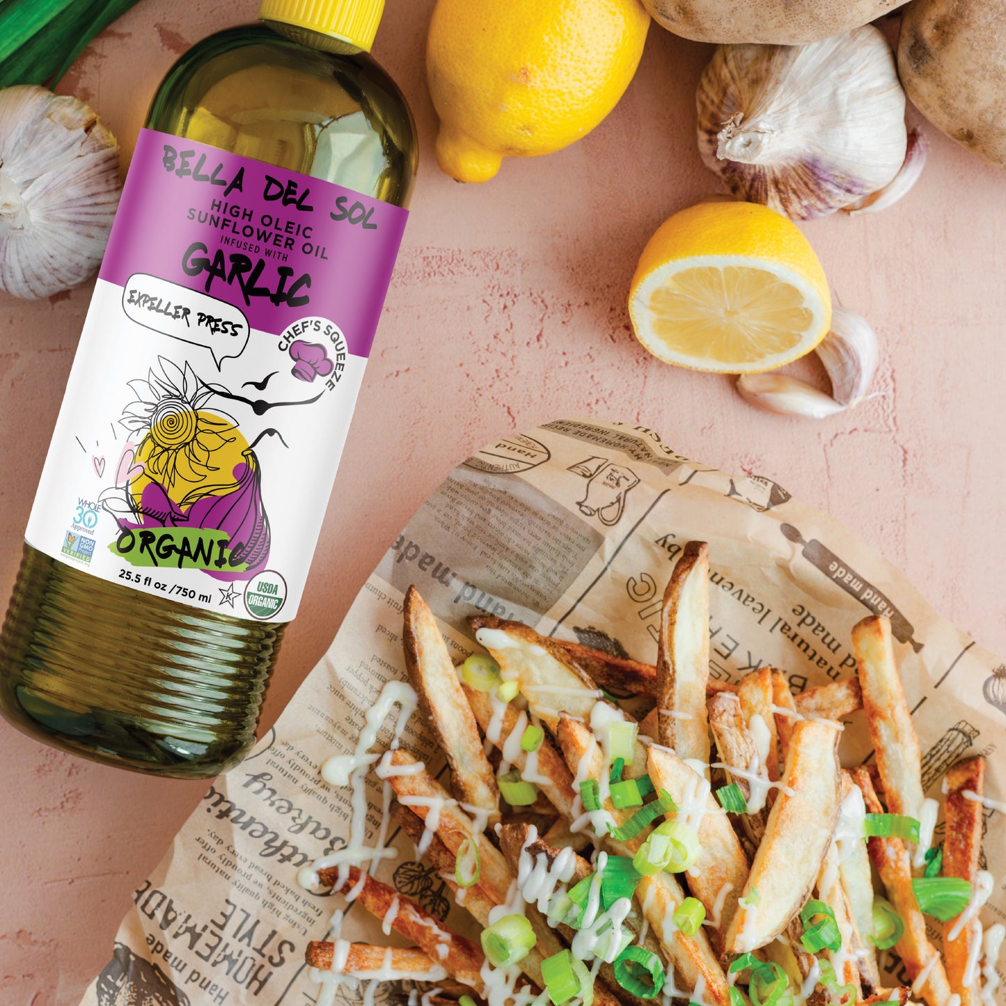 
                  
                    Bella Del Sol Organic Garlic Sunflower Oil 750ml – High Oleic Expeller Pressed Cooking Oil with Garlic, Pictured with Garlic Lemon Fries – Huile de tournesol biologique à l’ail Bella Del Sol 750ml, pressée à froid, avec frites à l’ail et citron – terradelyssa.c
                  
                