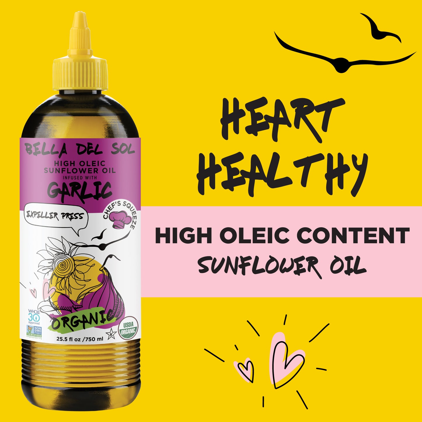 
                  
                    Bella Del Sol Organic Garlic Sunflower Oil 750ml – High Oleic Content for Heart Health – Expeller Pressed, USDA Organic – Huile de tournesol à l’ail biologique Bella Del Sol 750ml – Riche en acide oléique, bonne pour le cœur – terradelyssa.ca
                  
                
