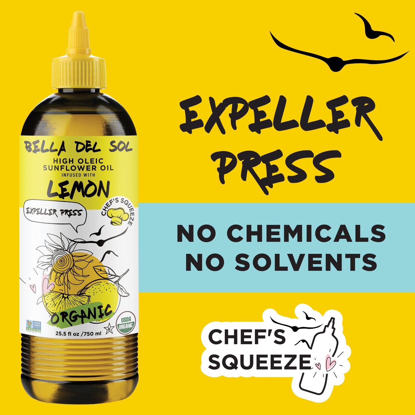 
                  
                    Bella Del Sol lemon sunflower oil – expeller pressed, no chemicals or solvents – huile de tournesol au citron pressée à froid sans solvants
                  
                