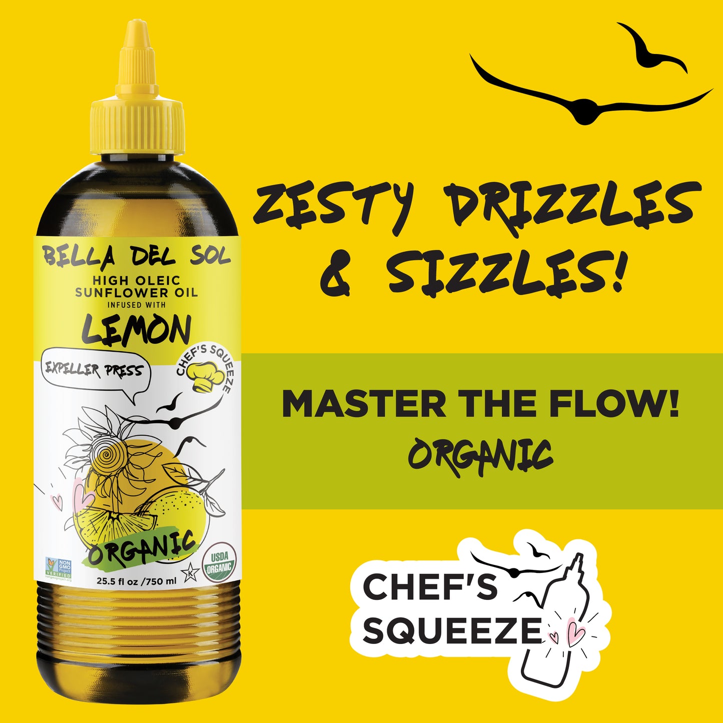 
                  
                    Bella Del Sol organic lemon sunflower oil – expeller pressed with chef's squeeze bottle, zesty drizzle for cooking – huile de tournesol au citron biologique
                  
                