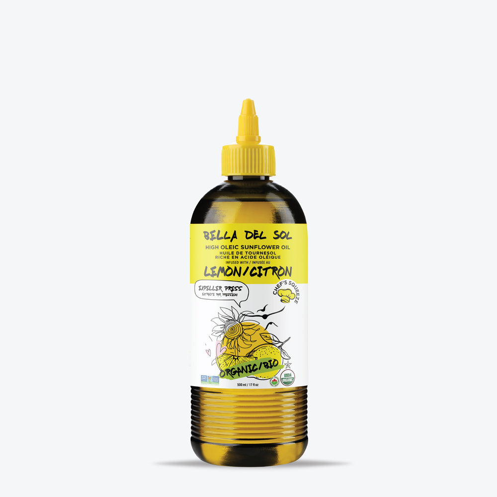 Bella Del Sol Organic Lemon-Infused Sunflower Oil – 500ml Expeller Pressed High Oleic Chef Squeeze Bottle – Huile de tournesol biologique au citron – 500ml – terradelyssa.ca