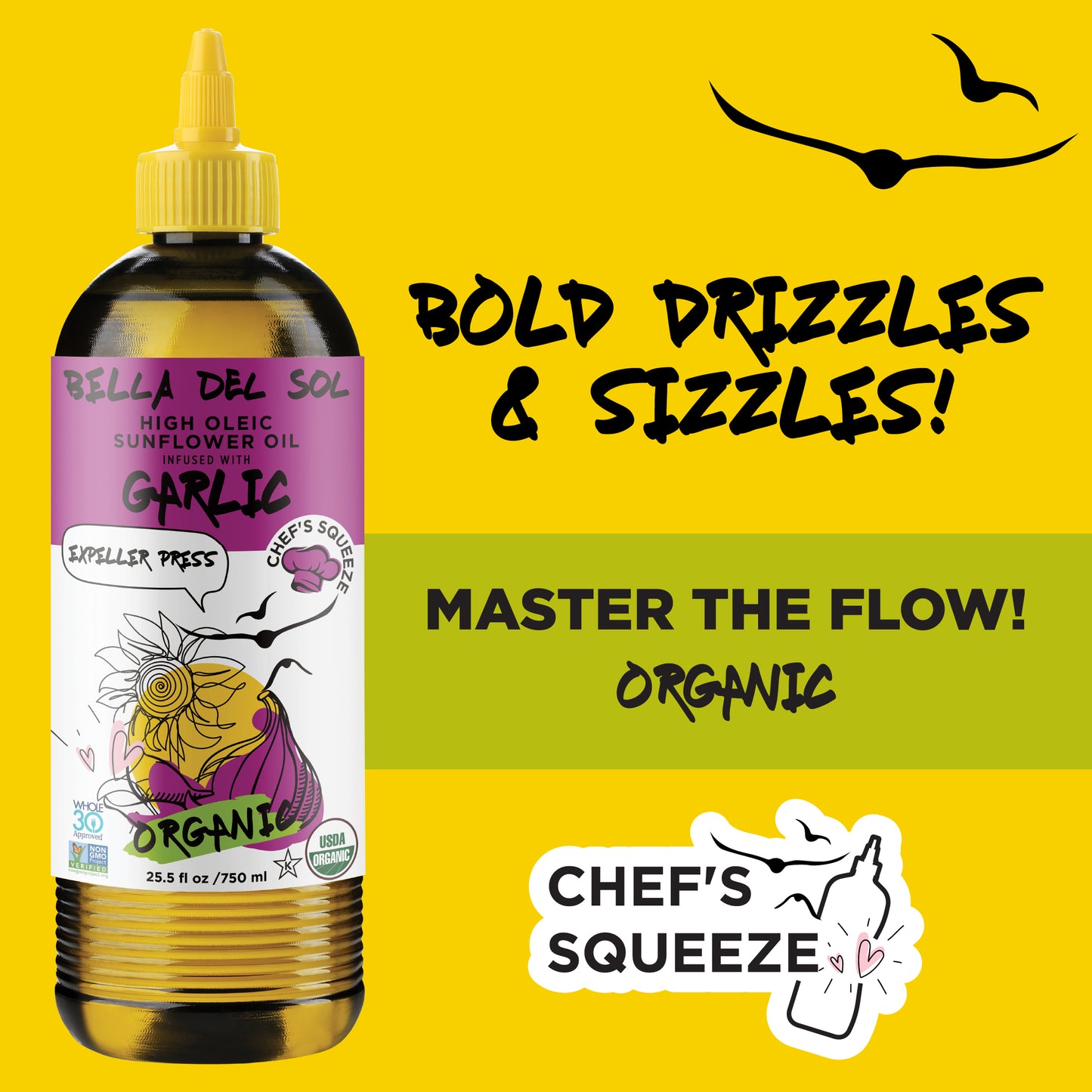 
                  
                    Bella Del Sol Organic Garlic Sunflower Oil 750ml – Chef’s Squeeze Bottle for Bold Drizzles & Sizzles – Expeller Pressed, USDA Organic – Huile de tournesol biologique à l’ail avec bouteille à presser – Slogans Master the Flow et Organic – terradelyssa.ca
                  
                