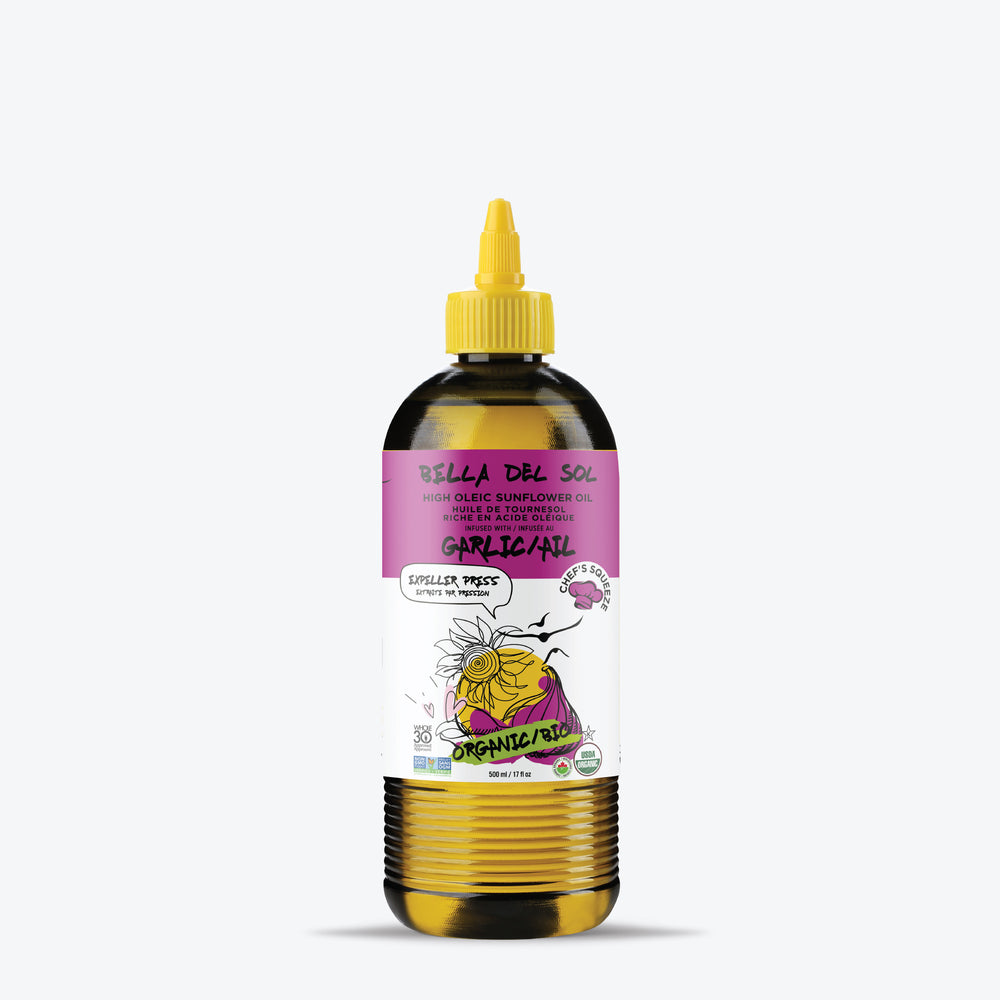 
                  
                    "Bella Del Sol Garlic High Oleic Sunflower Oil 500ml – Organic Cold-Pressed Expeller-Pressed Cooking Oil in Chef’s Squeeze Bottle – Non-GMO, Vegan – Ideal for sautéing, drizzling, and finishing – Huile de tournesol biologique à l’ail 500ml, riche en acide oléique, pression à froid, pressée mécaniquement – Idéale pour la cuisson, les marinades, les salades – Disponible sur terradelyssa.ca
                  
                