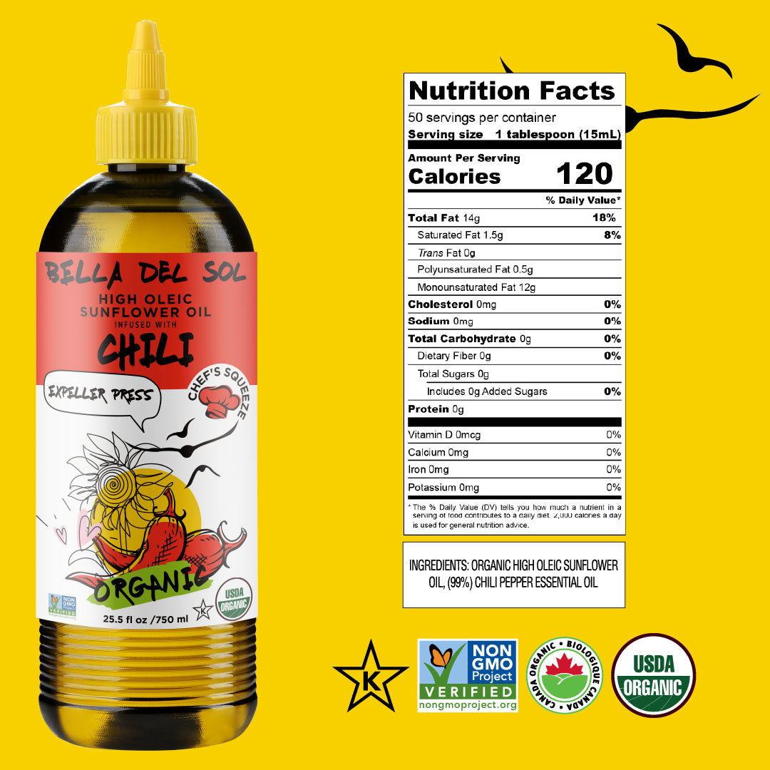 
                  
                    Bella Del Sol organic high oleic sunflower oil with chili – 750ml squeezable bottle, expeller pressed, USDA organic, spicy cooking oil with nutrition label
                  
                