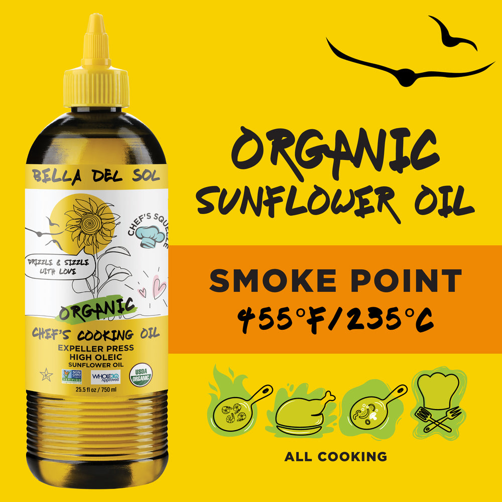 
                  
                    Bella Del Sol Organic Sunflower Chef’s Cooking Oil with high smoke point of 455°F (235°C), ideal for all cooking types including frying, roasting, and sautéing
                  
                