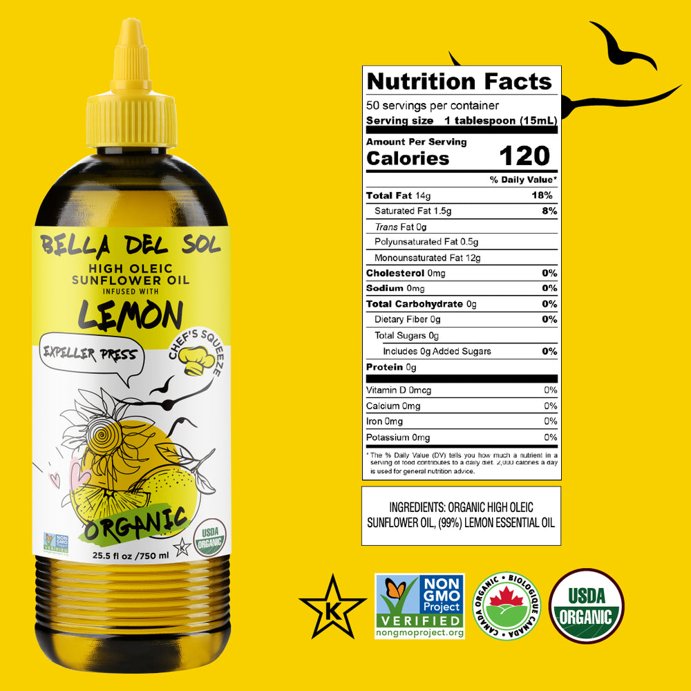 
                  
                    Bella Del Sol organic high oleic sunflower oil with lemon – 750ml chef’s squeeze bottle, expeller pressed, USDA organic, infused cooking oil with nutrition facts
                  
                