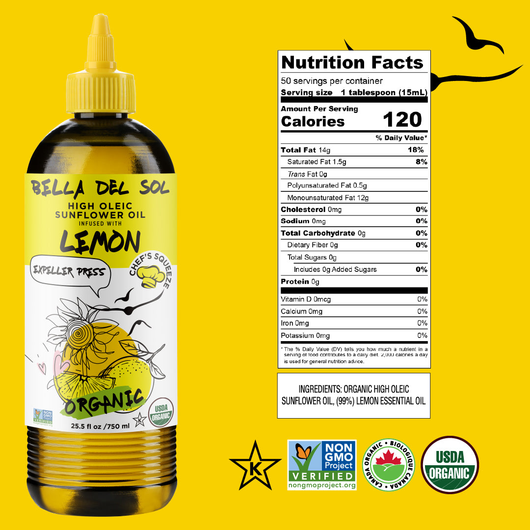 
                  
                    Bella Del Sol organic high oleic sunflower oil with lemon – 750ml chef’s squeeze bottle, expeller pressed, USDA organic, infused cooking oil with nutrition facts
                  
                