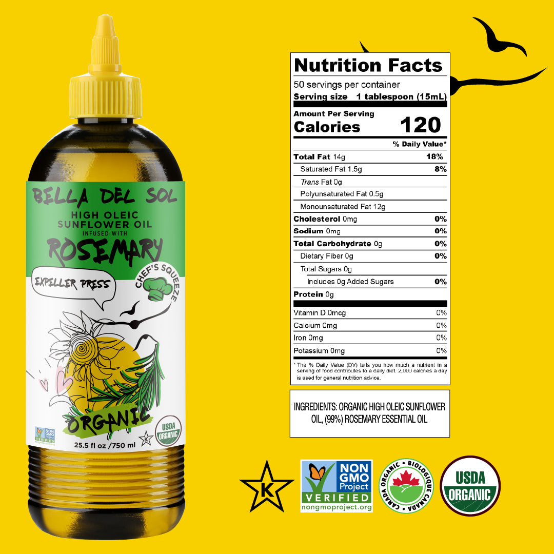 
                  
                    Bella Del Sol organic high oleic sunflower oil with rosemary – 750ml squeezable bottle, expeller pressed, USDA organic, nutrition facts label, Non-GMO verified
                  
                