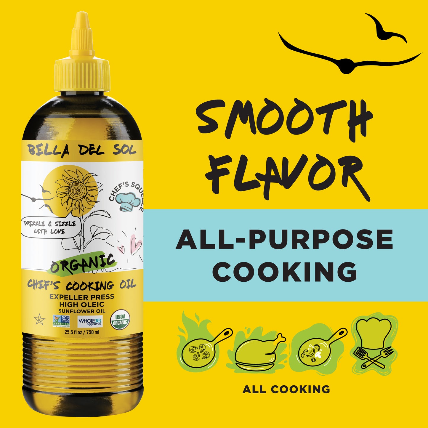 
                  
                    Bella Del Sol Organic High Oleic Sunflower Oil with text 'Smooth Flavor All-Purpose Cooking' and icons for frying, roasting, pasta, and general use on a bright yellow background
                  
                