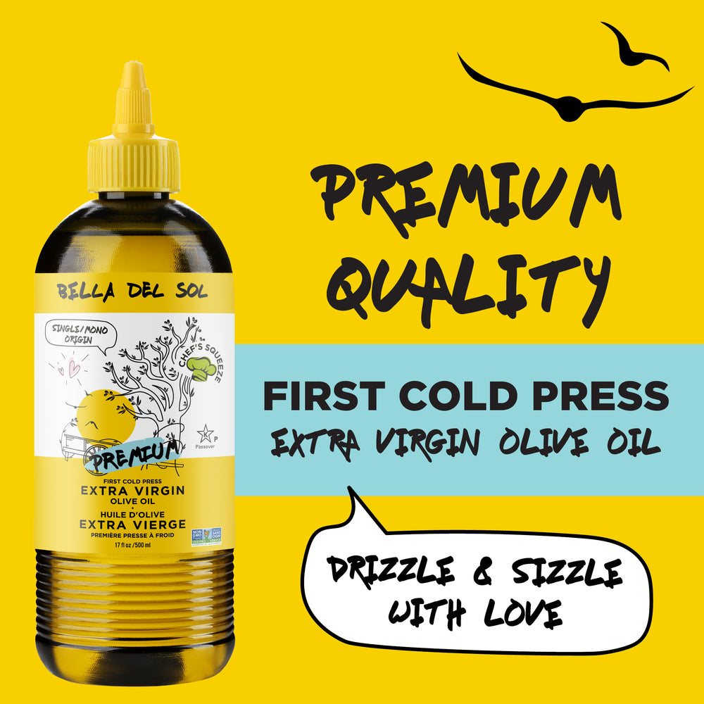 
                  
                    Bella Del Sol Premium Extra Virgin Olive Oil with “First Cold Press” and “Drizzle & Sizzle With Love” text on a bright yellow background – premium quality product graphic
                  
                