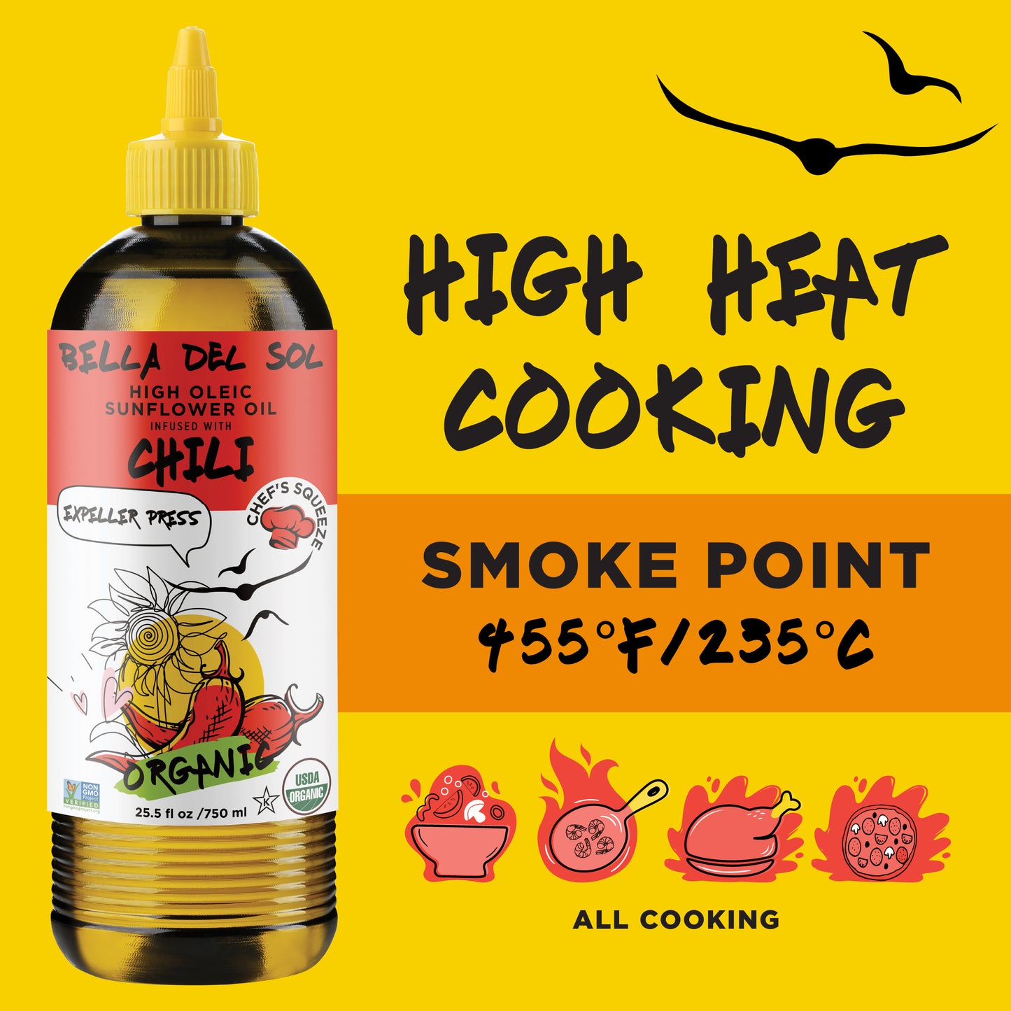 
                  
                    Bella Del Sol Chili-Infused Organic Sunflower Oil for High Heat Cooking – 455°F Smoke Point – Expeller Pressed 750ml
                  
                