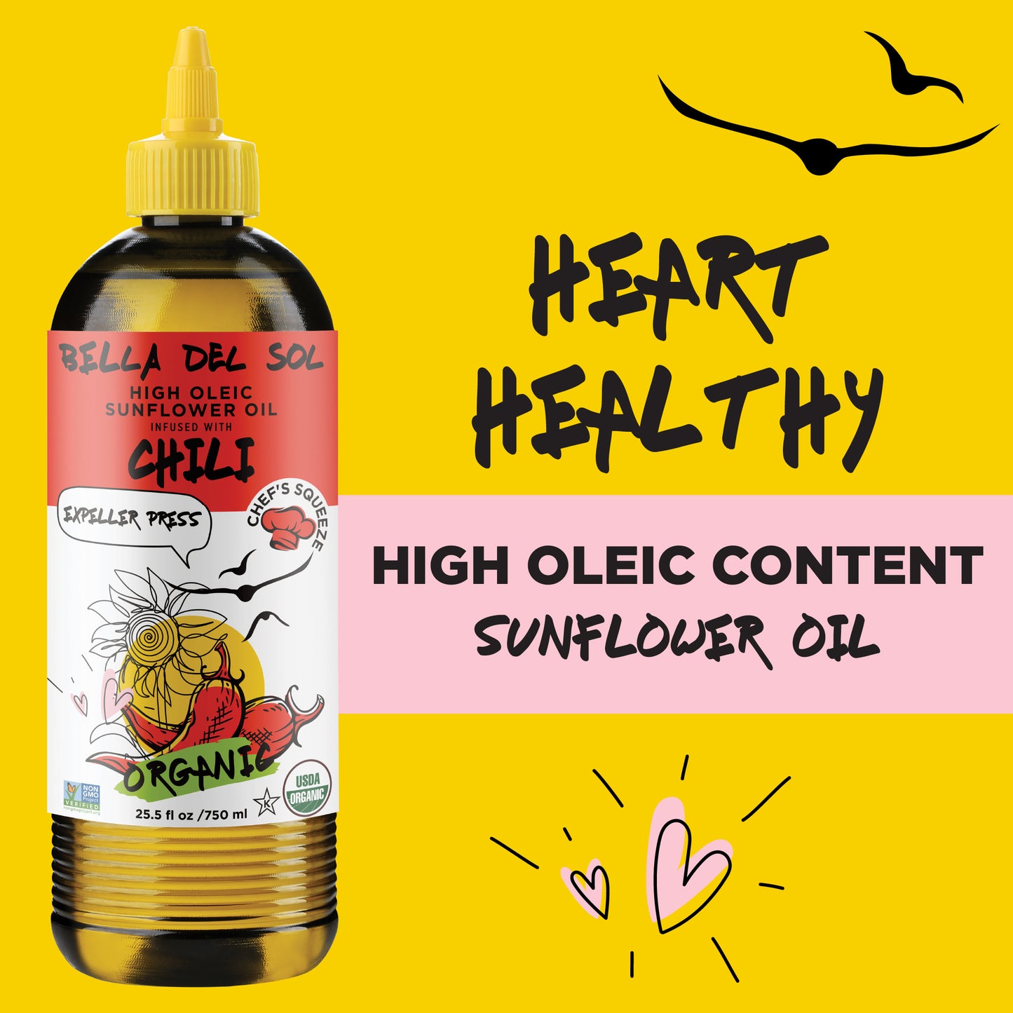 
                  
                    Heart Healthy Organic Chili-Infused High Oleic Sunflower Oil – Bella Del Sol – Expeller Pressed 750ml
                  
                