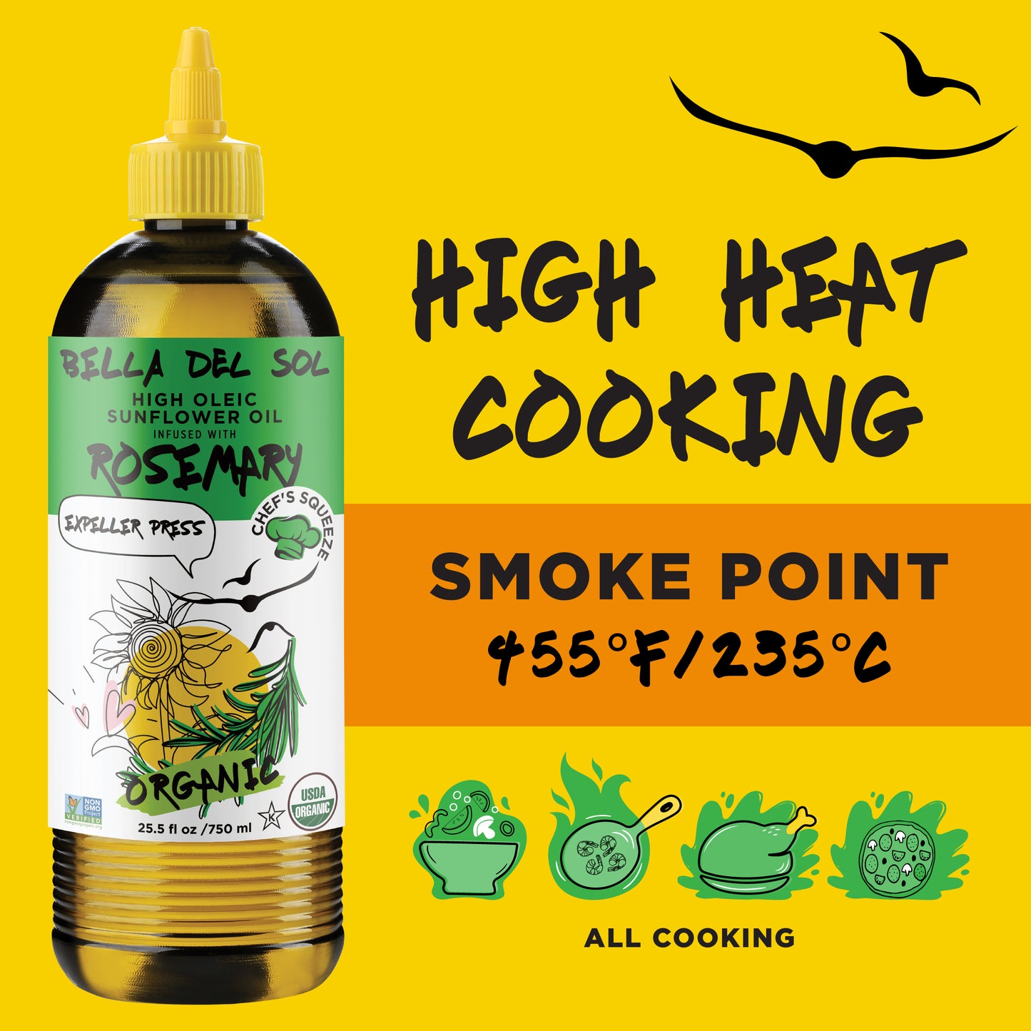 
                  
                    Bella Del Sol Rosemary Sunflower Oil with High Smoke Point for High Heat Cooking – 455°F / 235°C
                  
                