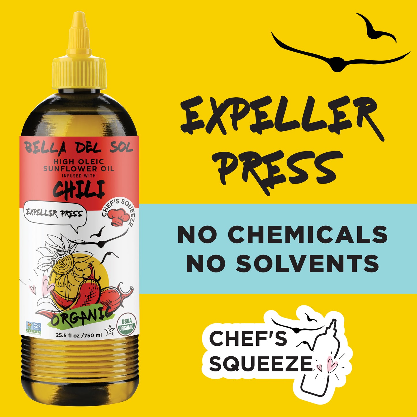 
                  
                    Bella Del Sol Organic Chili-Infused Sunflower Oil – Expeller Pressed with No Chemicals or Solvents – Chef’s Squeeze Bottle 750ml
                  
                