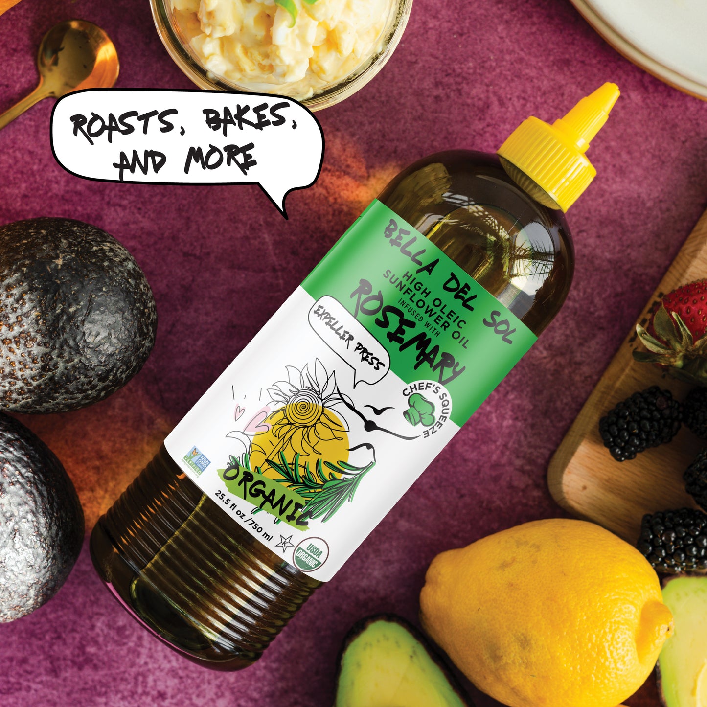 
                  
                    Bella Del Sol Organic Rosemary-Infused Sunflower Oil Bottle Surrounded by Fresh Ingredients on Kitchen Counter
                  
                