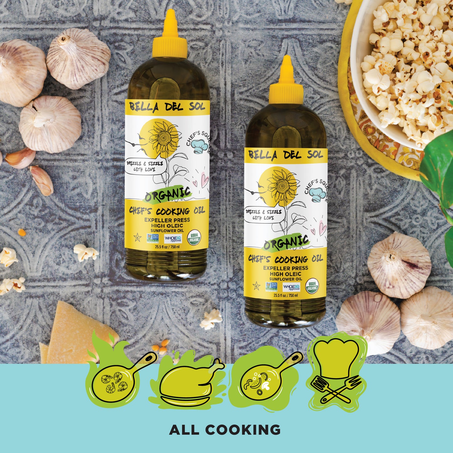 
                  
                    Two bottles of Bella Del Sol Organic High Oleic Sunflower Chef’s Cooking Oil with garlic, popcorn, and pasta ingredients, ideal for all types of cooking
                  
                