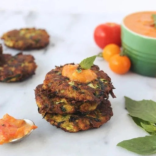 Grain-Free Zucchini Fritters with Roasted Heirloom Tomato and Garlic Compote